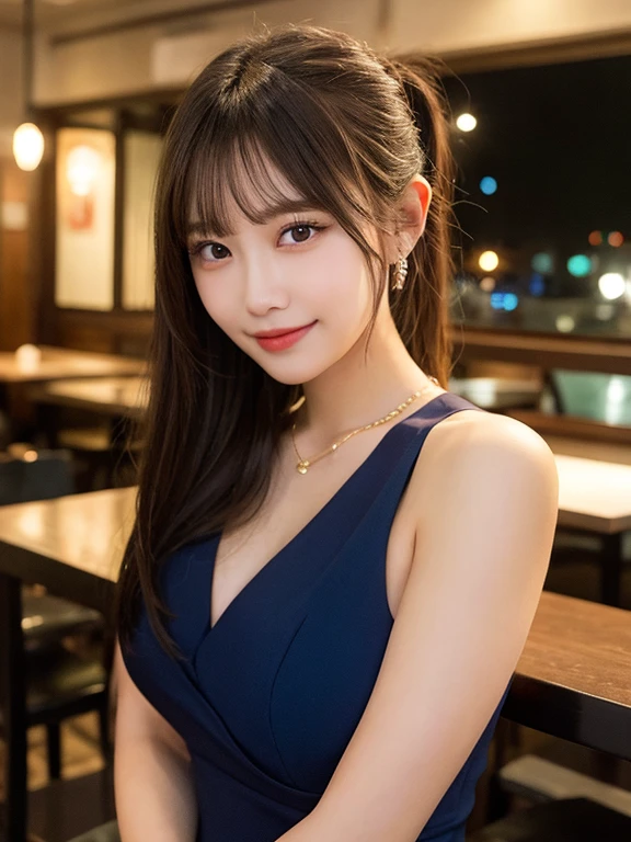 Highest quality, figure, Super detailed, In detail, High resolution, 8k wallpaper, Perfect dynamic composition, Beautiful attention to detail, Medium chest, Natural color lip, Random sexy poses,smile,、1 girl、Beaver,Long Hairstyles,restaurant