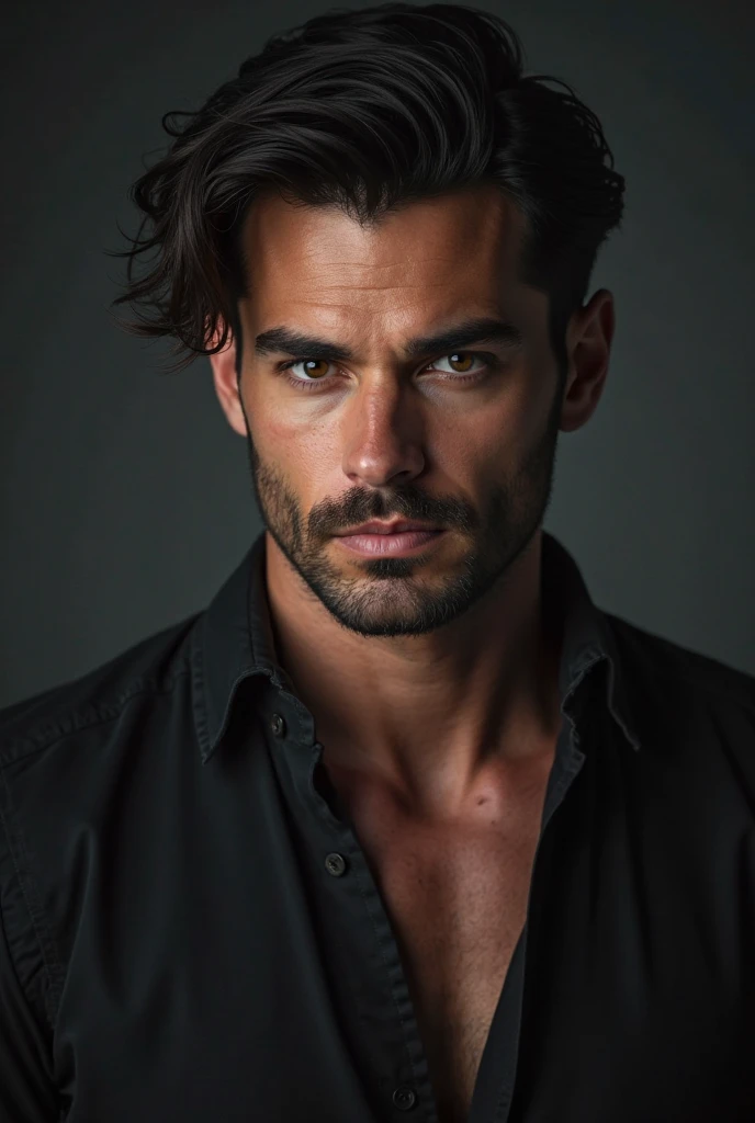 A muscular young man with a dominant look, BIG BLUE eyes, black wavy hair, without facial veil, with very very white skin with an open black shirt with a dark background