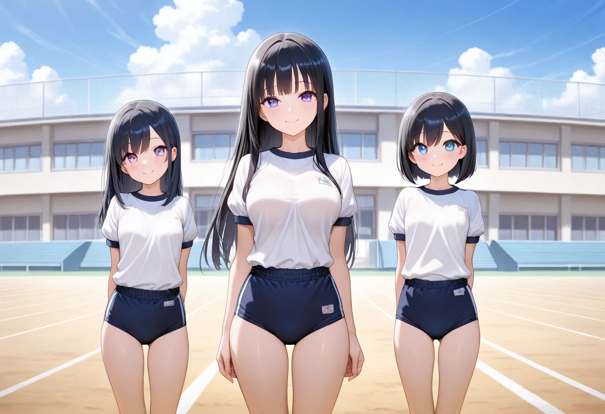 ((full body)),(masterpiece, best quality), (2 girls1.5) ,((Contrapposto:1.5)), looking at viewer, walking,((v_arms:1.2)), (wearing gym_uniform:1.3),, BREAK masterpiece black hair, ((long hair:1.2)), ((parted bangs:1.3)), black eyes, good hand, ((small breasts)), (over 20 years old, under 25 years old:1.2), , spotlight, happy, smile, BREAK white background