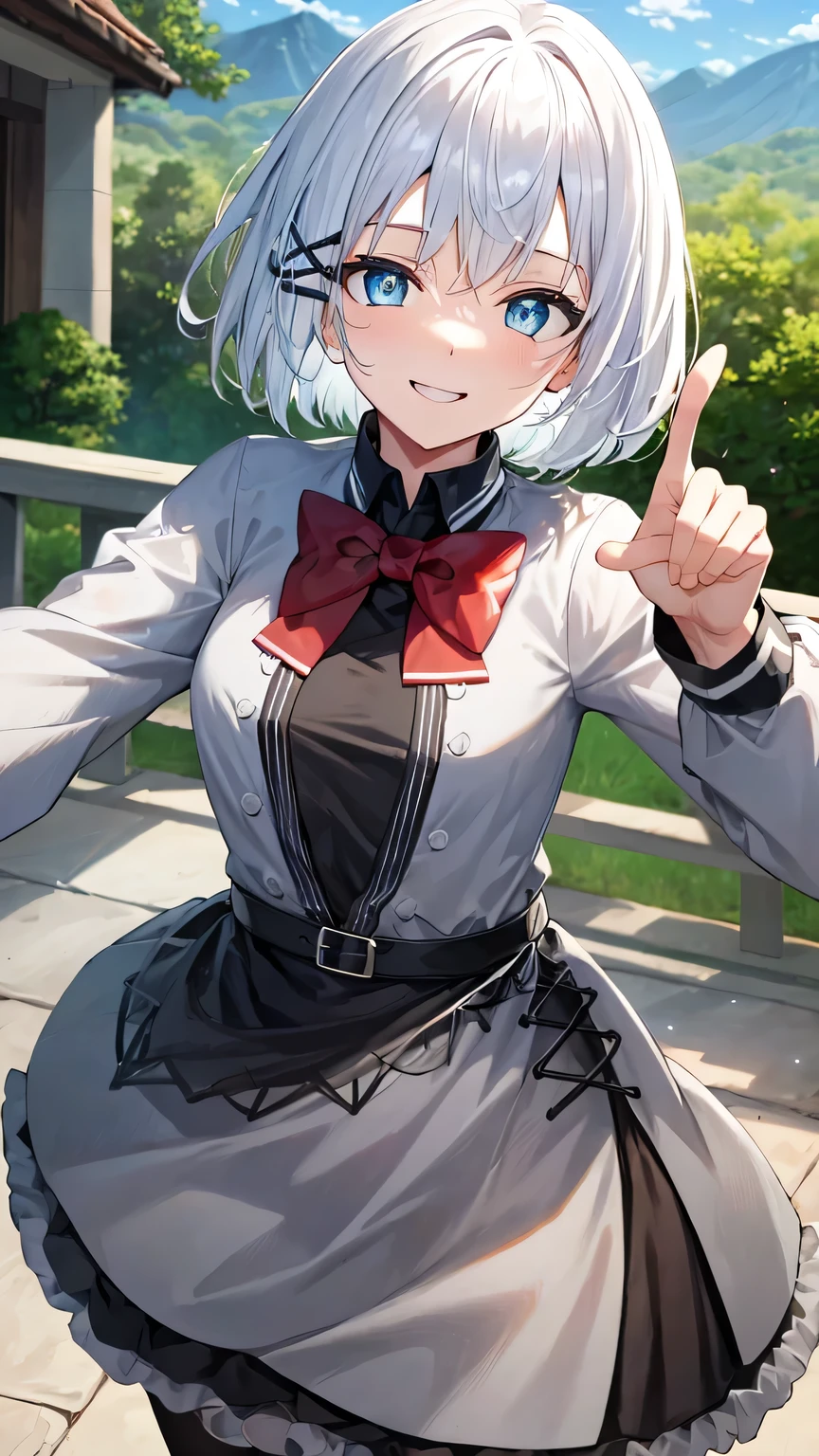 {{{masterpiece}}}, (best quality:1.5), (ultra-detailed:1.5), {illustration}, {{an extremely delicate and beautiful}}, (beautiful detailed eyes:1.6), absurdres, highres, extremely detailed face, 16k, hd, visual anime de uma jovem mulher, extremamente bonito rosto de anime, anime melhor garota, (perfect hands, perfect anatomy), (five fingers:1.3) anime face, Siesta (The Detective Is Already Dead), 1girl, solo, cute face, white hair, short hair, bangs, x hair ornament, sidelocks, blue eyes, (High resolution eyes, Beautiful eyes, Light in the eyes), medium breasts, big hips, curvaceous, BREAK, grey jacket, grey dress, long sleeve, grey sleeve, black shirt, red bowtie, black belt, black apron, grey skirt, (mini skirt:1.3), flared skirt, black pantyhose, thighs, zettai ryouiki, BREAK, serafuku, {school uniform}, summer uniform, white shirt, short sleeves, blue sailor collar, blue bowtie, navel, mini skirt, pleated skirt, plaid skirt, blue skirt, thighs, BREAK, cute face, smiling, pointing, dancing, jumping, from above, outdoor, mountain, forest, flower garden, (cute gestures:1.2), dynamic pose, dynamic angle, mysterious, fluttering skirt, (perspective:1.2)