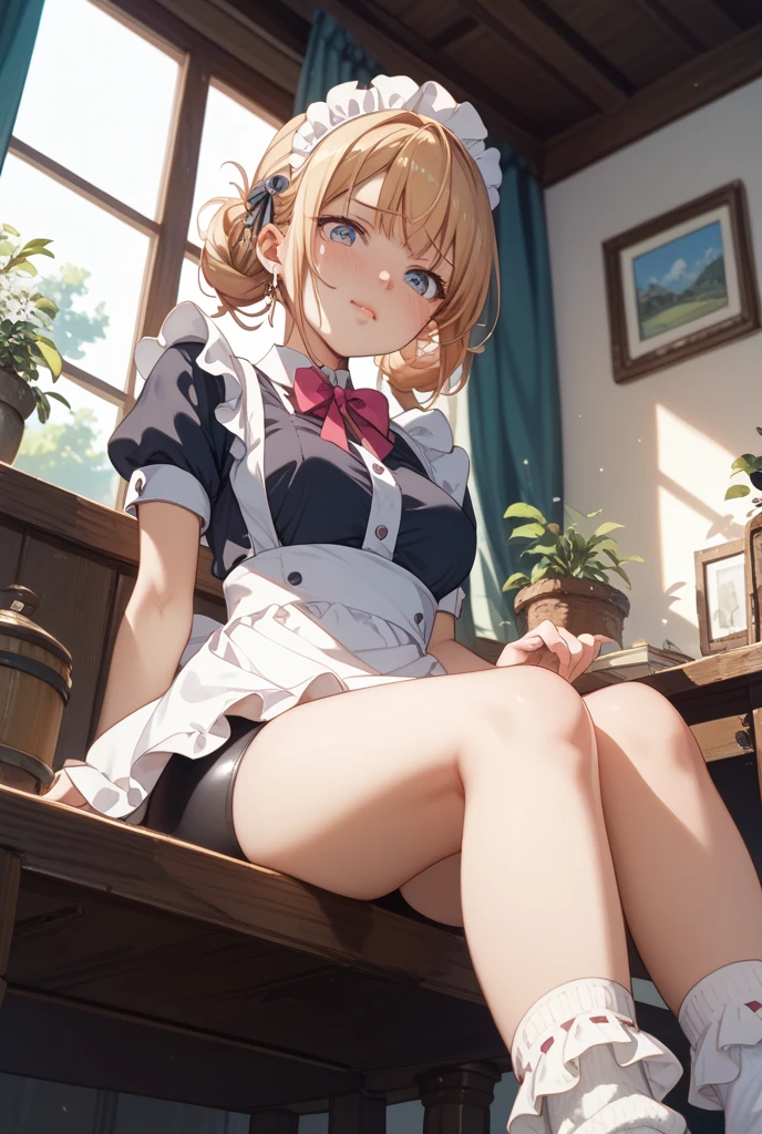 ((masutepiece, Best Quality, hight resolution, nffsw, Perfect Pixel, depth of fields, 4K, 1girl in, Solo, , Beautiful anime girl, Beautiful Art Style,
squatting:1.3, classroom background, Looking at viewer,
Perfect body, smug face, tilted forward:1.5,
isshiki iroha, large breasts, Full face blush, black stockings, maid uniform:1.5,
straight on:1.3, medium shot