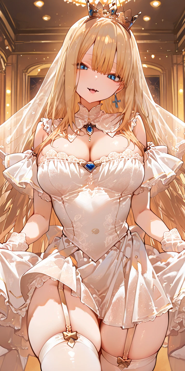 masterpiece,8K,A woman with big tits,Gorgeous woman,transparent,Long blond hair,big hair,((hime cut)),Gorgeous jewelry,Crystal Hair Accessories,Cleavage,pubic,In front of the altar of the majestic church、(Blurred background)、Brighter light,(Elegant gloss)、Lots of ribbons、((Puffy sleeves))、Long cuffs,Multi-button、Gold embroidery、Long trains、White embroidered gloves、Five fingers、red cheeks,nsfw,