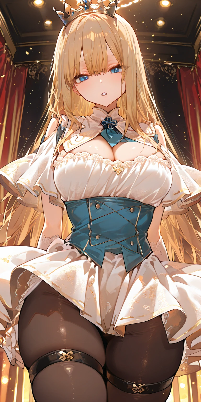 stacia, asuna, asuna_\(sao\), 1girl, fantasy, highres, looking_away, looking_to_the_side, original, realistic, scenery, close_up, upper_body, (draw sword), smiling, solo, (potruding nipple:1.2), long hair, (huge breasts:1.3), looking at viewer, smile, open mouth, bangs ,detailed eyes, beautiful background, (summer, beach), hands on the chest, orange hair, thighhighs, gloves, dress, (cleavage:1.4), bare shoulders, brown eyes, very long hair, standing, (full body:1.5), white gloves, white dress, armor, white thighhighs, garter straps, fantasy, white armor, abec, nsfw