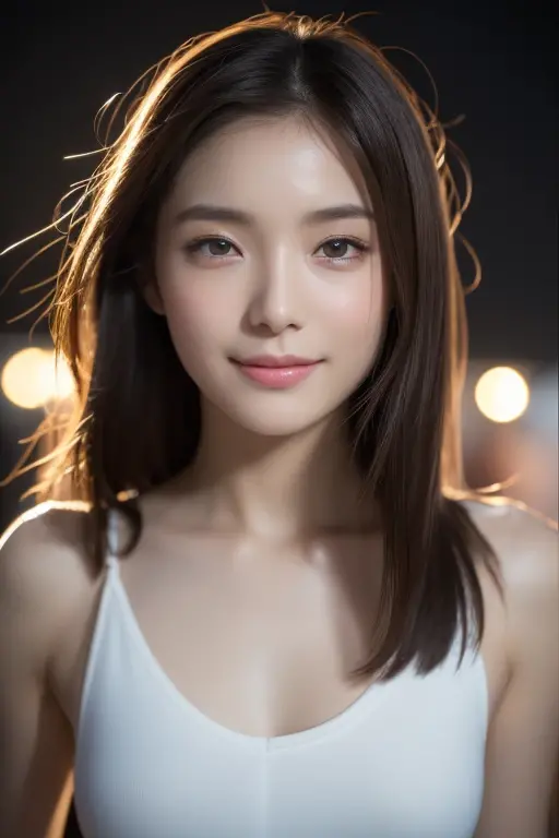 One Girl, (Wearing a white, transparent strapless camisole:1.7), (No underwear:1.7)、(Close-up of face:1.5)、(RAW Photos, highest quality), (Realistic, Photorealistic:1.4), Tabletop, Very delicate and beautiful, Very detailed, 2k wallpaper, wonderful, In detail, Very detailedな CG Unity 8K 壁紙, Super detailed, High resolution, Soft Light, Beautiful detailed girl, Very detailedな目と顔, Beautifully detailed nose, Beautiful fine details, Cinema Lighting, City lights at night, Perfect Anatomy, Slender body, smile
