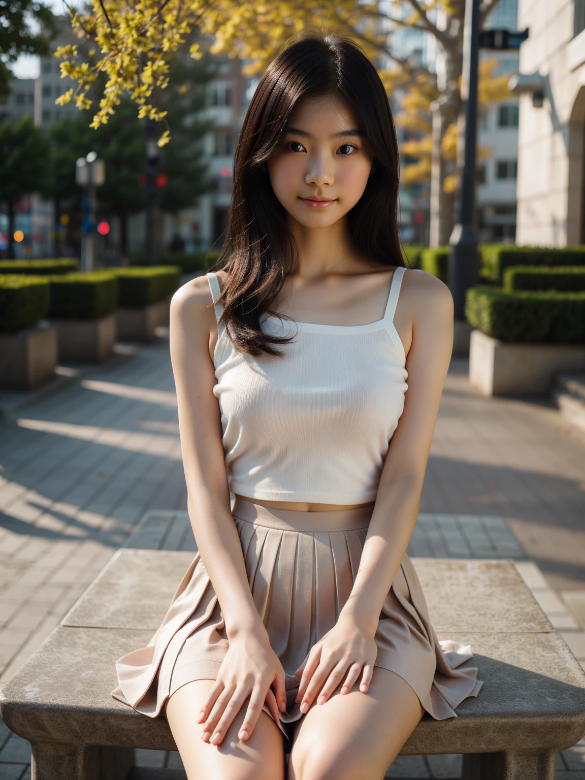 1 Beautiful young Asian girl 15 year, sitting in the square, blusa aberta sem camisa, calcinha rosa, Looking at camera, pose Asians --auto --s2