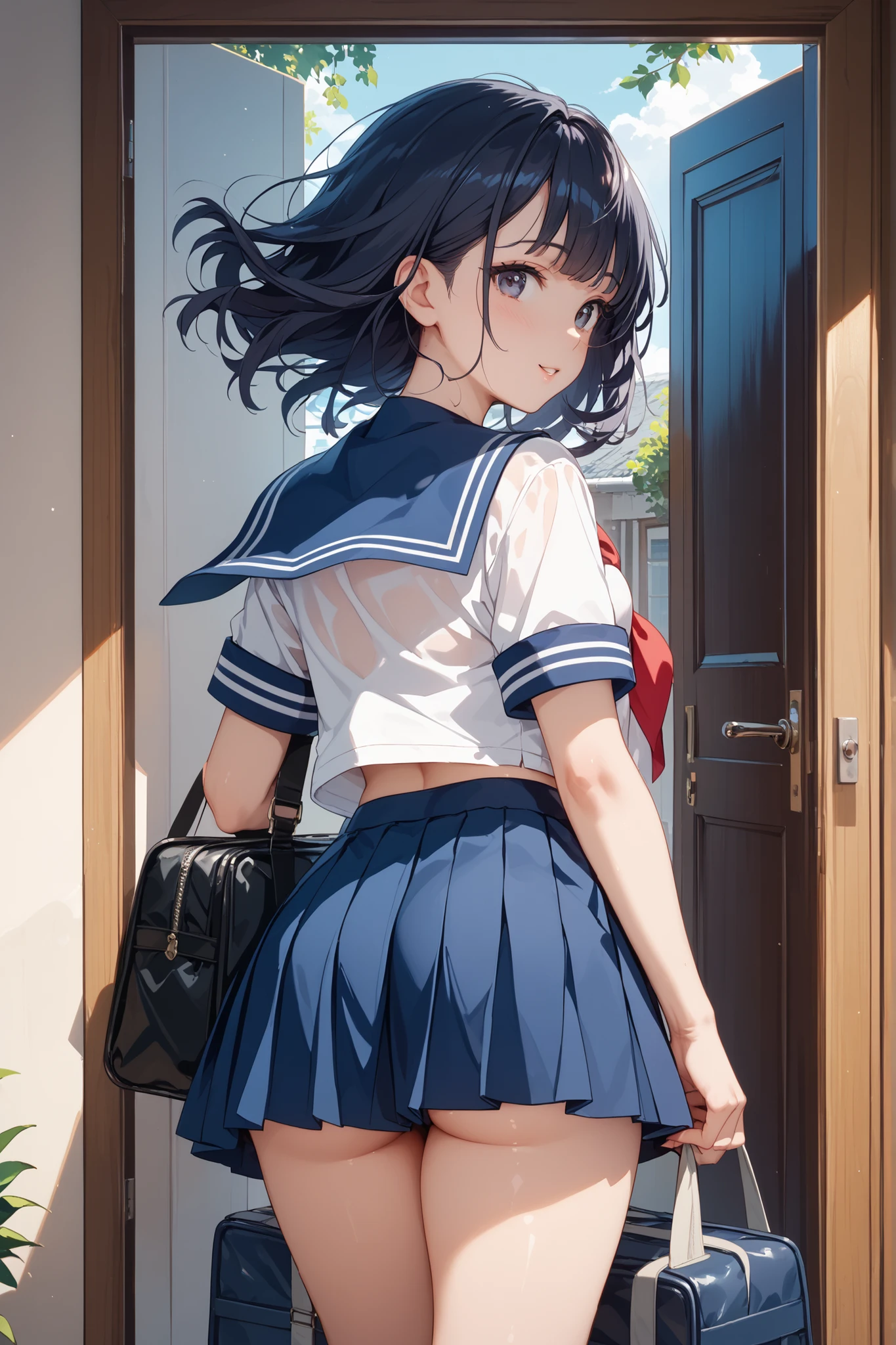 very cute and beautiful girl standing near the window,(White checked summer dress with fine frills),((((school uniform))))sleeveless,Fine lace,(skirt lift,white panties),lift up the skirt、flip up the skirt、You can see a little of my pants、 (very detailed美しい顔),grassland,wooden floating cottage, cowboy shot,(smile),blush,looking at the viewer、look return,return、medium hair,black hair,Updo, (highest quality,masterpiece:1.2),confused,High resolution,Super detailed,very detailed,32k,8K resolution, intricate details,movie scene,detailed returnground,alone,dynamic angle, Natural light,particles of light,beautiful detailed sky,perfect hands,look back、show off panties、