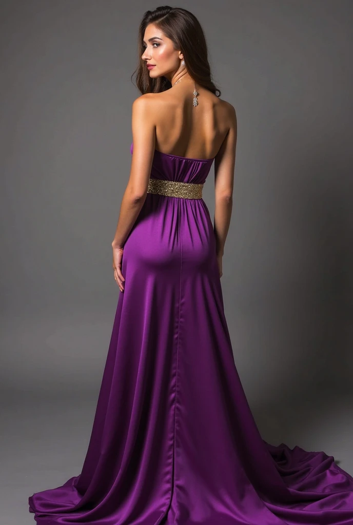 Realistic full body photo of a smiling, Young brunette girl with long hair, She dances in front of the camera in a long A-line bridesmaid dress with straps made of shiny purple satin., Park,glamour fotoshooting, Wedding celebration, perfect anatomy, perfect brown eyes. Perfect hands with 5 fingers on each hand, Matching girl, looking at the camera, 1 Frau. (Eye make up:1.1), (highly detailed skin:1.1), spirit, analog style, keen focus, 8K  UHD, dslr, good quality, Fujifilm XT3, Grain, Award-winning, ​masterpiece. Wedding celebration