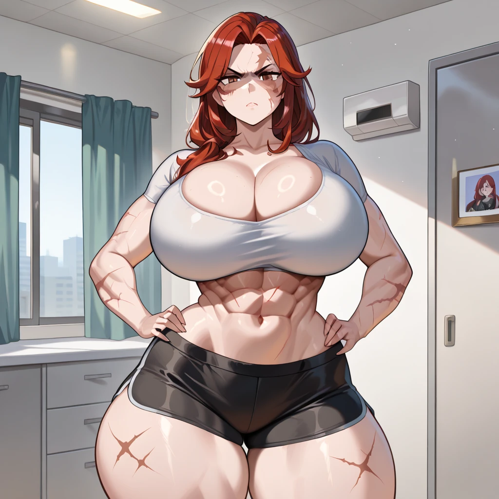 Nishikino maki, twintails, white microbikini, black leather boots, black gloves, necktie,thicc ,(muscular:1.1) , (sweating:1.2), sweaty, soaked in sweat,solo , standing ,in street,embarrassed, pussy juice, police cap, sweat drops,camel toe,hand on hip , (fat muscular legs:1.3), facing viewer,huge big breasts