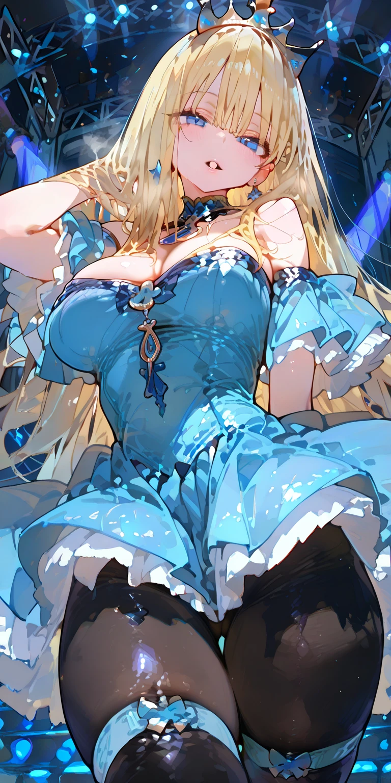 a beautiful 20 year old blonde woman with big messy hair in a blue dress, white stockings, black headband, cleavage, holding a glowing mushroom, fantasy art style, rossdraws cartoon vibrant, alice x. zhang, alice in wonderland cyberpunk, cute detailed digital art, colorfull digital fantasy art, digital fantasy art ), glossy digital painting, rossdraws pastel vibrant, rossdraws 2. 5, rossdraws 1. 0