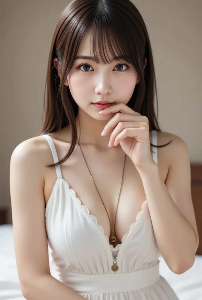 NFSW、Smile、photorealisim、top-quality、超A high resolution、a picture、日本生まれのVery beautiful girlのa picture、Very beautiful girl、Detailed cute and beautiful happy face、(pureerosface_v1:0.008)、Beautiful bangs、alice in the wonderland、12year old、Glowing white shiny skin、Bangs that extend to the face、Bangs between the eyes、length hair、Attractive bright natural platinum blonde silky hair、Cute hairstyles、Long、thin-waist、Visibly clear high resolution、Big eyes shine charmingly、nightgown、eye liner、Double eyelids、Lush medium semi-nude bust、clevage、Perfect beautiful young body、Perfectly proportioned body、Bedrooms、sit on a bed、sit in