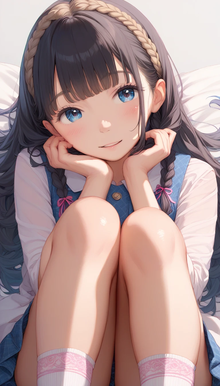masterpiece, highest quality, One Girl, Nogizaka_Costume, Thighs, beautiful girl, Flowers, Lots of small petals, View your audience, Small waist, Official Art, RAWphotograph,Hands are precise、Face Light, Dynamic Lighting, Cinema Lighting, Ultra-realistic, High resolution, photograph, Sharp focus, Most detailed, Very detailed, Very detailed, In detail, Very detailed目と顔,masterpiece, highest quality, photograph,One Girl, Nogizaka_Costume, Thighs, beautiful girl,View your audience, Small waist,Symmetrical face, RAWphotograph, High resolution, Anime Style, Sharp focus, Most detailed, Very detailed, Very detailed, In detail, Very detailed目と顔、whole body、Tartan check micro mini skirt、Knee socks、Cleavage、Tomboy、Large Breasts、smile、Sleep on your back、Embarrassing、smile、Long Hair、赤いKnee socks、はだけたThighs、Beautiful belly button、美しいCleavage、bed、Lying down、Sleep on your back