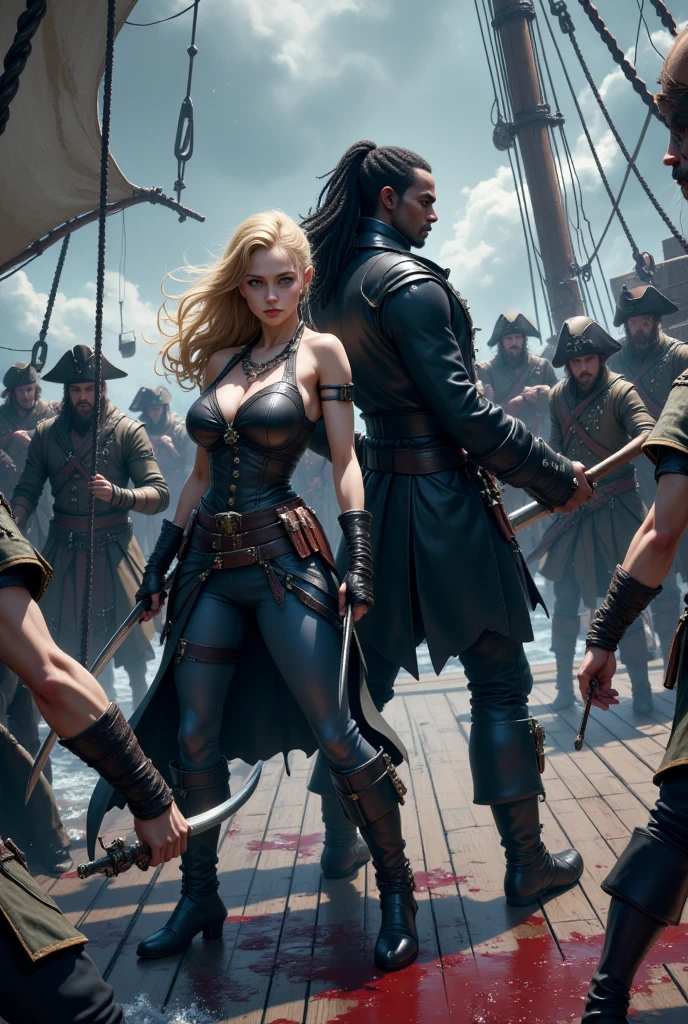 a female pirate commander of a ghost vessel, in the background a group of undead pirate sailors,hyper-realistic, cinematic,8k 