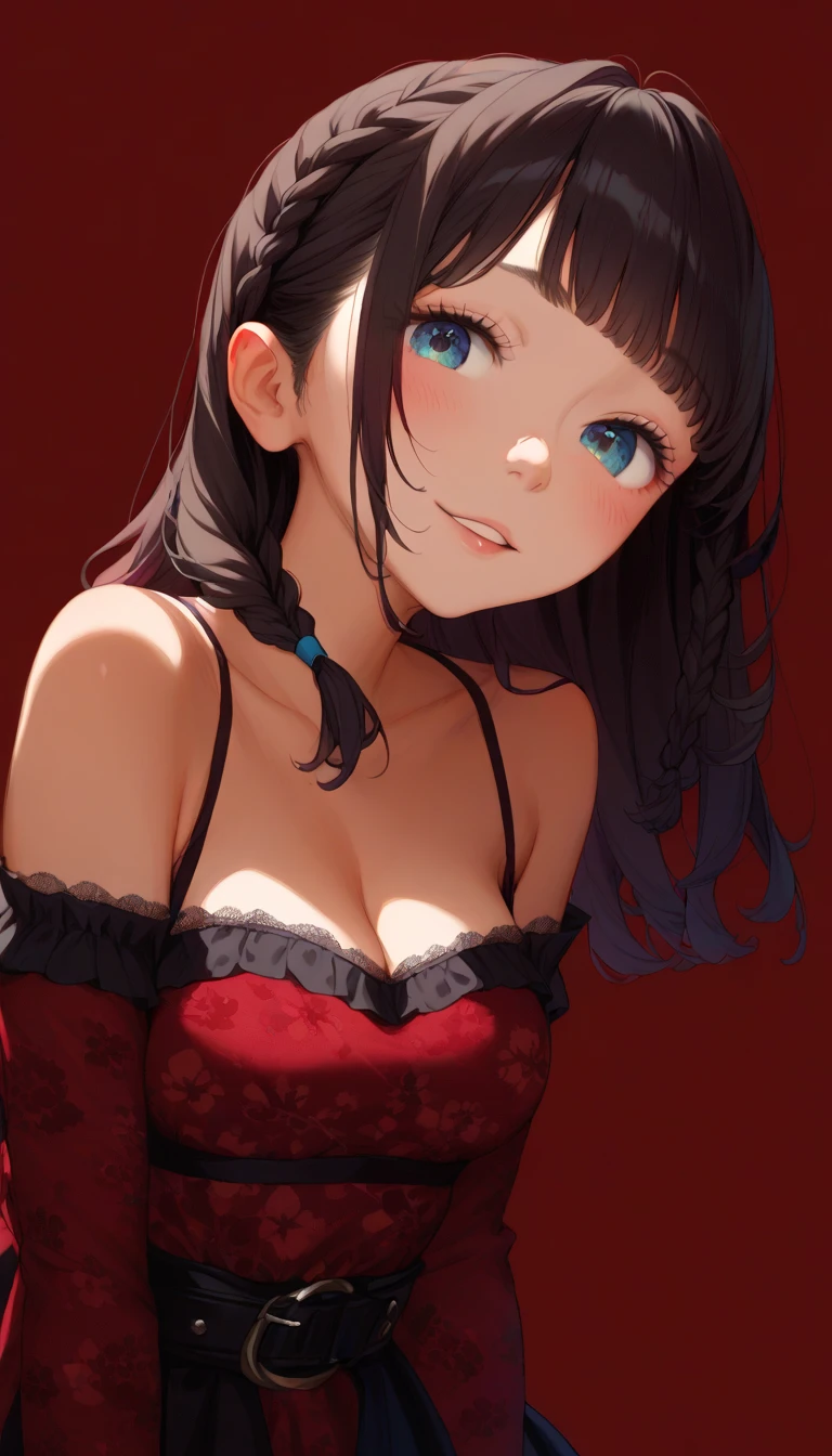 1 girl, Rin Harusaka, alone, Close-up shot，，cleavage，Off the shoulder dress，long hair, sweater, red sweater, looking at the audience,  black hair, blue eyes,  Bangs,  sweater, Upper body, parted Bangs, black ribbon, ribbed sweater, Double tail, Smile