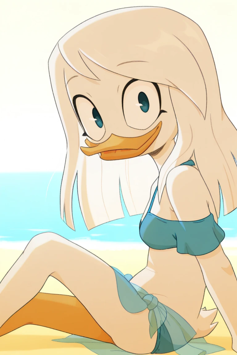 cartoon duck with a bikini and a hat on standing in the sand, inspired by Jacob Duck, kathy zyduck, donald duck in real life, character is in her natural pose, inspired by Carl Barks, donald duck, flat chested, subject= duck, is wearing a swimsuit, loony tunes style, cel - shaded art style, in a bikini