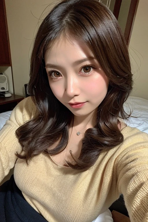 ((highest quality, 8k, masterpiece: 1.3)), 1 female, Japanese Idols,Sensual beauty: 1.3, (Hair style Brown hair Medium curly, big: 1.2), Nightwear: 1.1, Very friendly face, Delicate eyes, double eyelid, Dimples,Mole, Sit on the sofa,relax,smile,Plump body,mole,very thick paws,Moe sleeves,Cowboy shot from above,One knee up,