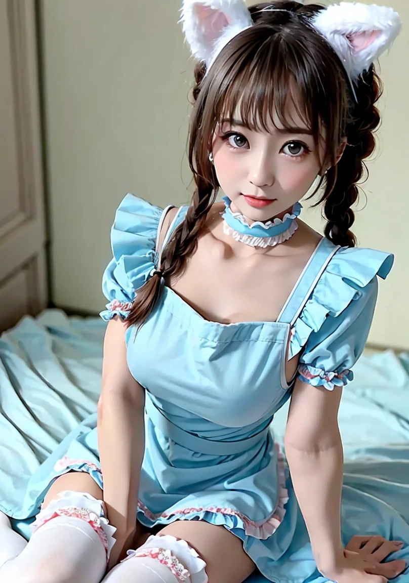 (artwork), (amazing job), (Indirect linear lighting), (chibi cute studio), (Cute anime GIFs), (cute cute kawaii), (Extremely detailed CG 8k unit wallpaper), (1 girl) wearing cute clothes, long blue hair,Paired with a cute ruffled headpiece, Wearing silk gloves, White skin, green blue eyes, (cute kawaii)