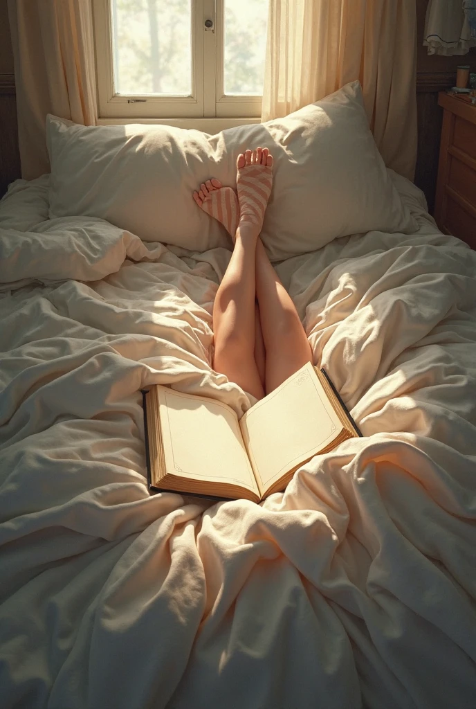 A hyperrealistic photography selfie from the perspective of someone lying in a bed with messy white linen, the sun rays coming from the side and lighting up skin of the legs. You can see only the half covered fair-skinned thighs of the person taking the picture, and a kindle e-reader on the bed.