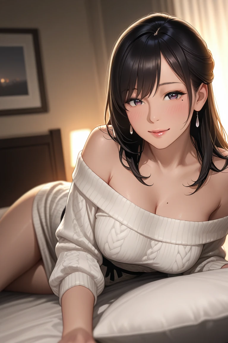 Masterpiece, best quality, 1 girl, alone, look at mobile phone, chest, mature woman, collarbone, Random Hairstyles, bedroom, lying on the bed, play mobile phone, Secondary outfit, depth of field, playful mood,Big smile