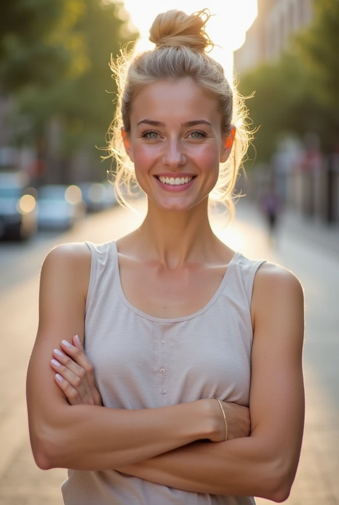 a 25 year old European woman in a white t-shirt in a city with the background +/- out of focus and the young woman looking straight at the camera smiling. full body photo