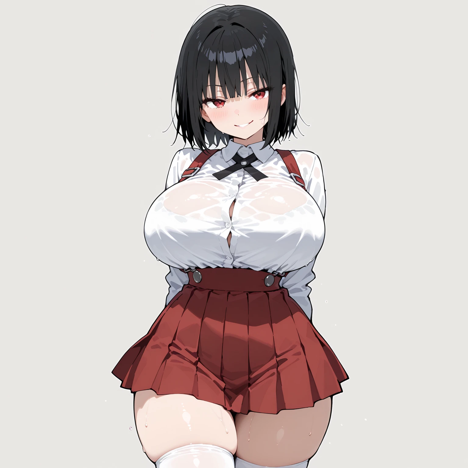 Realistic image, Consistent image, Detailed Images, 1 beautiful girl. She has long brown hair, Tied with a red flower-shaped comb. Red eyes, Long eyelashes. Her face is oval and delicate.. smile. She is wearing a traditional T-shirt, Pleated mini skirt with lace, Long stockings covering the legs. She has a curvaceous figure, Medium bust and thick thighs. View from below. A view from her thighs. Surrounded by the fabric of clothing, The petals scatter. Black background, Uniform background,