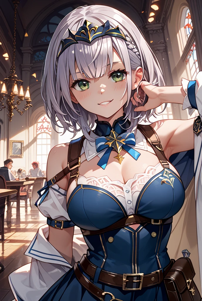 table top　High level image quality　best image quality　8K　(open chest clothing) Seductive adult woman　whole body　portrait　pure white long gloves（elbow gloves）　pure white pantyhose　sailor suit（sleeveless）　navy blue mini skirt（I can see your pants）　white wolf ears　short hair（（shortcut）（gray hair）（perm）（fluffy））　eye color is blue　attractive face（（laughter）（smile）（open your mouth））　sleep (large breast's)