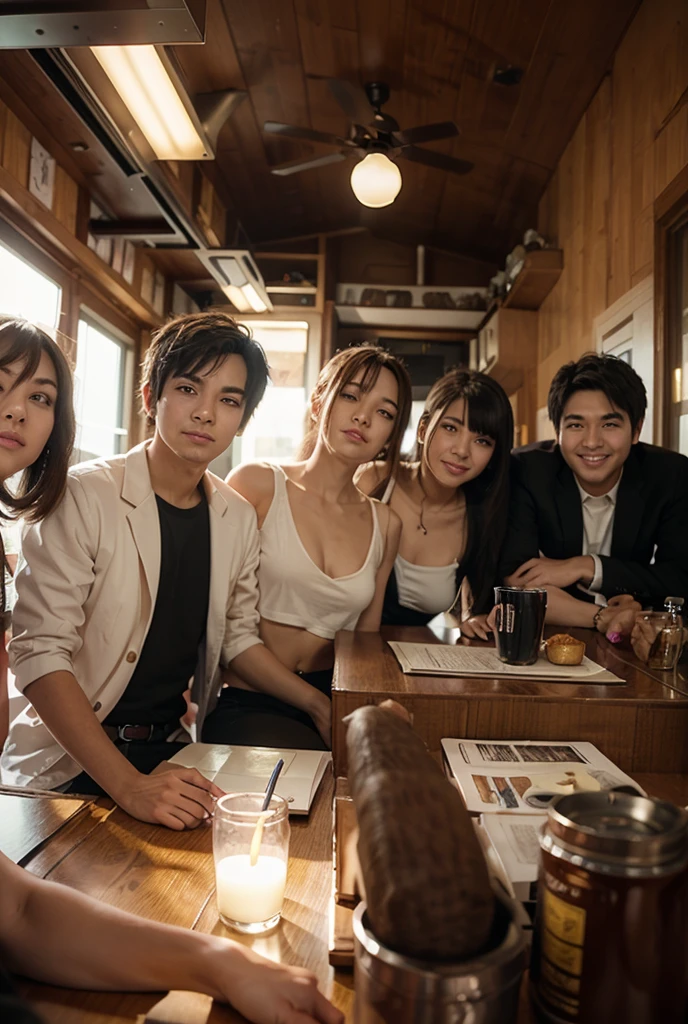 A group of friends gather in a cozy coffee shop. They are in an environment lit by natural light filtered through the curtains. They talk animatedly, each person has a unique style, reflected in their clothes and accessories. 

The décor of the cafeteria is cozy, with cups of coffee. The soft lighting creates a pleasant and inviting atmosphere.  The image is ultra-realistic and features high definition.