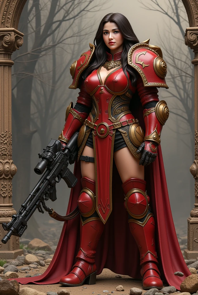 Character: Gender: Female Age: Mature (combines "veteran warrior" and "milf") Body type: Strong and athletic Skin: Very purple Hair: (details missing from prompt, can be added later) Attire: Armor: Full body, heavy armor (preferably red accents) Clothing: Red cape Adventurer's outfit (suggests practicality and readiness for exploration) Brown leather boots Pose: Full body standing Straight posture Symmetrical (implies a confident and imposing stance) Additional Notes: Avoid overly sexualized terms ("bimbo") Consider replacing "milf" with a descriptor that emphasizes experience, like "seasoned warrior" Optional details you can add: Hair color and style (e.g., long flowing braid, short and practical) Specific details about the armor (e.g., decorated breastplate, ornate helmet) Facial expression (e.g., determined, stoic)