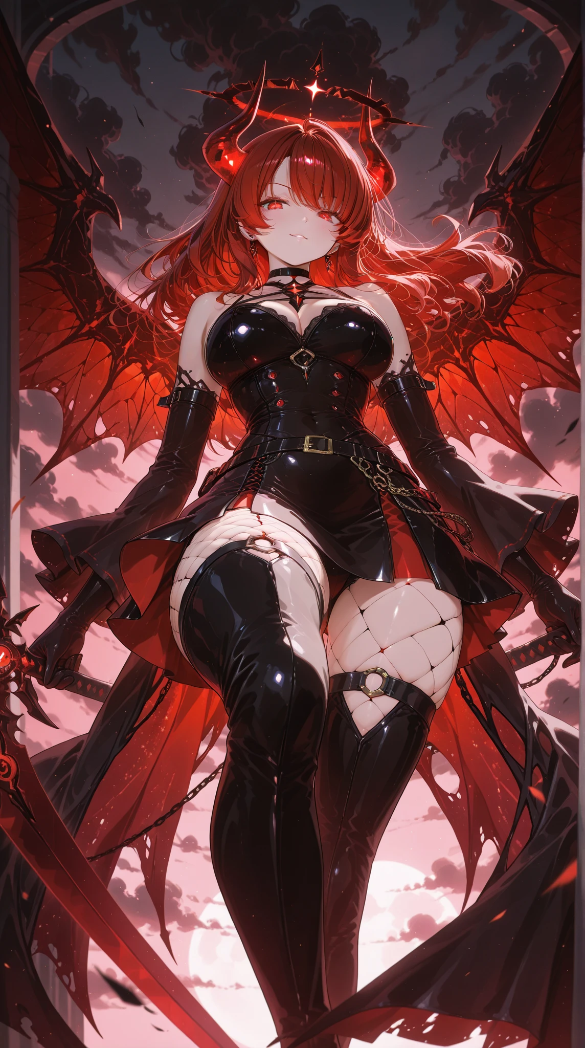(score_9,score_8_up,score_7_up),1girl,girl demon,red hair,red eyes,wings,claws,black dress,beautiful_face,