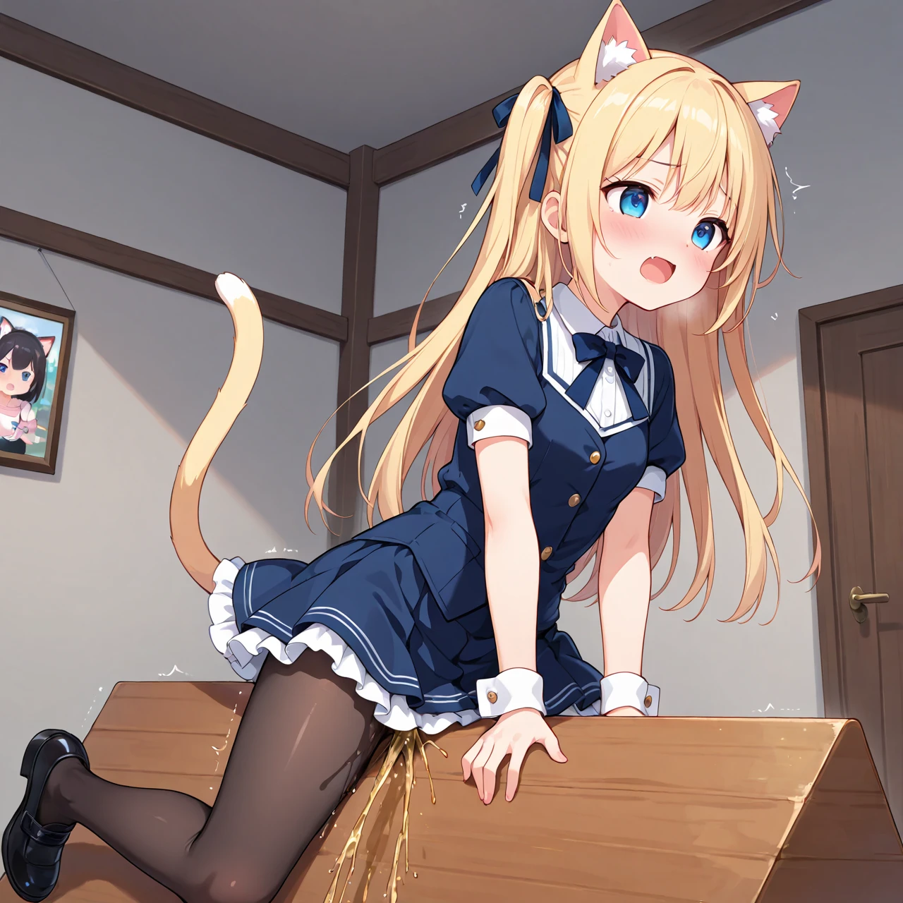 (Highly detailed CG Unity 8k wallpaper), (Best Quality), (Super Detail), (Best Illustration), (Best Shadow), POV, Realistic lighting and shading, Natural light, Lens flare effect, BREAK ,1 beautiful girl, Solo,(Cute:1.5),(Chibi:0.8), (kawaii:1.5),(Lori:0.5),BREAK ,Full body, 17 year old girl, Solo, (((Colossal tits ))), ((feel sad、Teary-eyed))), ((Curve)), 1 girl, Brown hair, ((Cat ears,Ponytail, medium-Long hair:1.2)), aqua eyes, Solo,(puff up one's cheeks in anger:1.2), BREAK, Blazer, a bow tie, White shirt, Black miniskirt, Black pantyhose, School uniform), V-shaped eyebrows, BREAK,constellation,Dynamic Angle, Front view,viewer looking,traditional Japanese room, vases, plant, flower pots, Indoors, sliding paper doors, potted plant, Tatami mats, sscroll, teapot on the table, East Asian Architecture, door, architecture, kettle