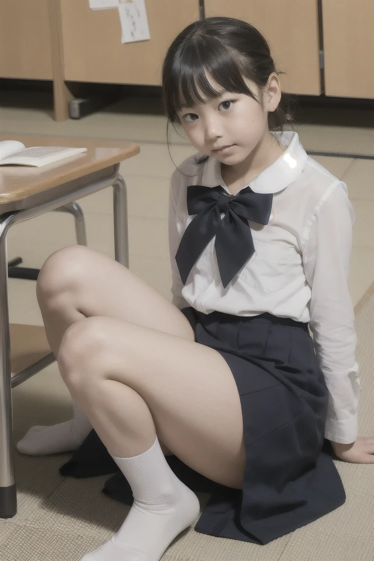 ((top quality, 8k, masterpiece: 1.3)), old house of Japan, schoolgirl, full body shot (uniform, bare feet, slender, thighs, legs), super delicate face, delicate and big eyes, double eyelids, fair skin, short-cut hair, sad look, sweaty thighs