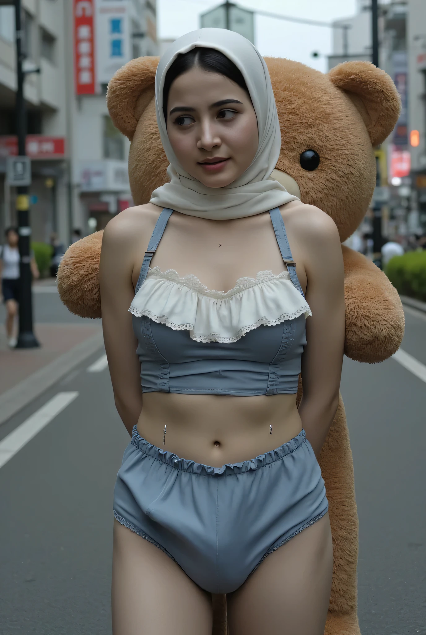 SMALL CUTE MALAY SCARF HIJAB GIRL WEARING WHITE CORSET, (realistic, photo-realistic:1.4), (1 FUTUNARI), medium breast, wearing blue ruffle cropped singlet and pooh plain panties, hand on hips, ((medium NIPPLES)), (( TRANSPARENT )), ((TEARS)). KEDUA BELAH TANGAN DILETAK DIBELAKANG PUNGGUNG' Futanari long erect penis, background Di tengah Kota Yang sepi Di negara jepun, TEDDY BEAR SANGAT BESAR MEMELUK SAYA DARI ARAH BELAKANG