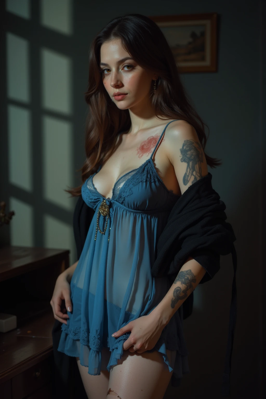 absurdres, foto RAW, mais alta qualidade, (obra-prima: 1.3), foto de cor RAW de alto detalhe, foto profissional, unidade de papel de parede CG 8k extremamente detalhada, foto-realista, realista, foto RAW, obra-prima, melhor qualidade, highres, illustration, 1girl, 16 ANOS, baixinha, tiny girl, magra, branca, ruiva, cabelo vermelho, cabelo ruivo com cachos, cabelo ondulado, curly hair, Average length, cabelo preso, pernas finas, rosto lindo perfeito com sardas, cardune lips, belos olhos realistas, olho direito verde, olho esquerdo azul, heterocromia, pale skin, textura de pele detalhada, seios planos, seios muito pequenos e naturais, bunda pequena. Rosas vermelhas tatuadas nos ombros, tattoos of pagan symbols on the forearms and hands. Corpo magro, esguio. Ruiva. Sorriso. Suada. Fazendo sexo oral. sucking a nipple. De quatro na cama. Estilo bruxa. Pagan style, Celtic, wiccan. Escocesa. She looks amazing. (kimono samurai, hakama preto, colar com pingente de pentagrama, design detalhado), House in feudal Japan style, noite.