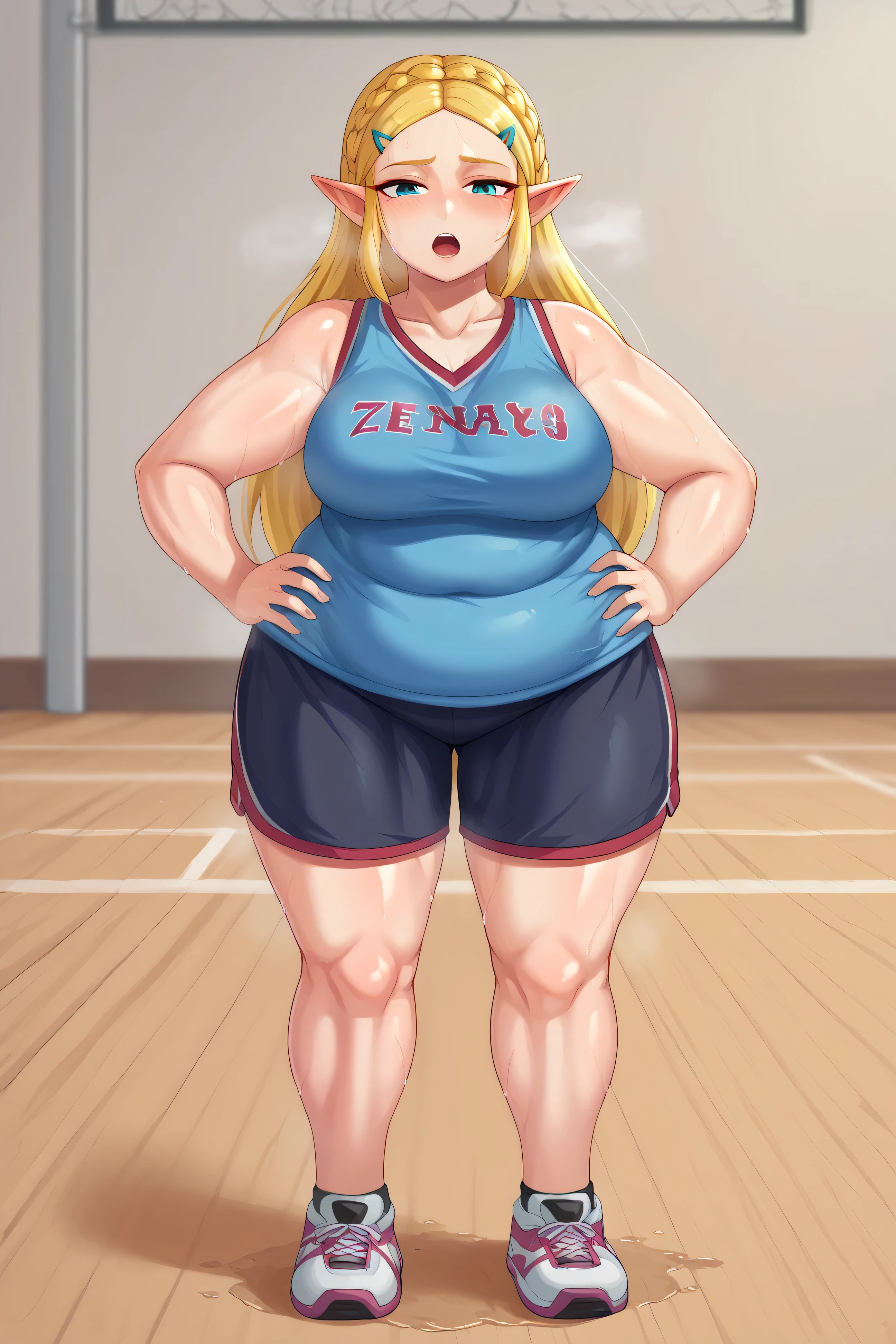 score_9, score_8_up, score_7_up, BREAK, 1girl, solo, princess zelda, 1girl, solo, blonde hair, crown braid, hairclip, pointy ears, long hair, jewelry, makeup, casual, cowboy shot, blue eyes, looking at the viewer, large breasts, hand on hips, blue tanktop, sweaty, black gym shorts, sweating profusely, open mouth, exhausted, heavy breathing, puddle of sweat on the ground, steam coming out her mouth, gym, indoors, she wears pink shoes,medium breasts,, basketball uniform, jersery, sportswear, jersey, shorts, sleeveless,, audience, gym, sweat, open mouth, steam, sweat, looking at viewer, open mouth,, cowboy shot, half shut eyes, obese, chubby, thick thighs, chubby cheeks, big arms, (((Shiny Skin))), full body