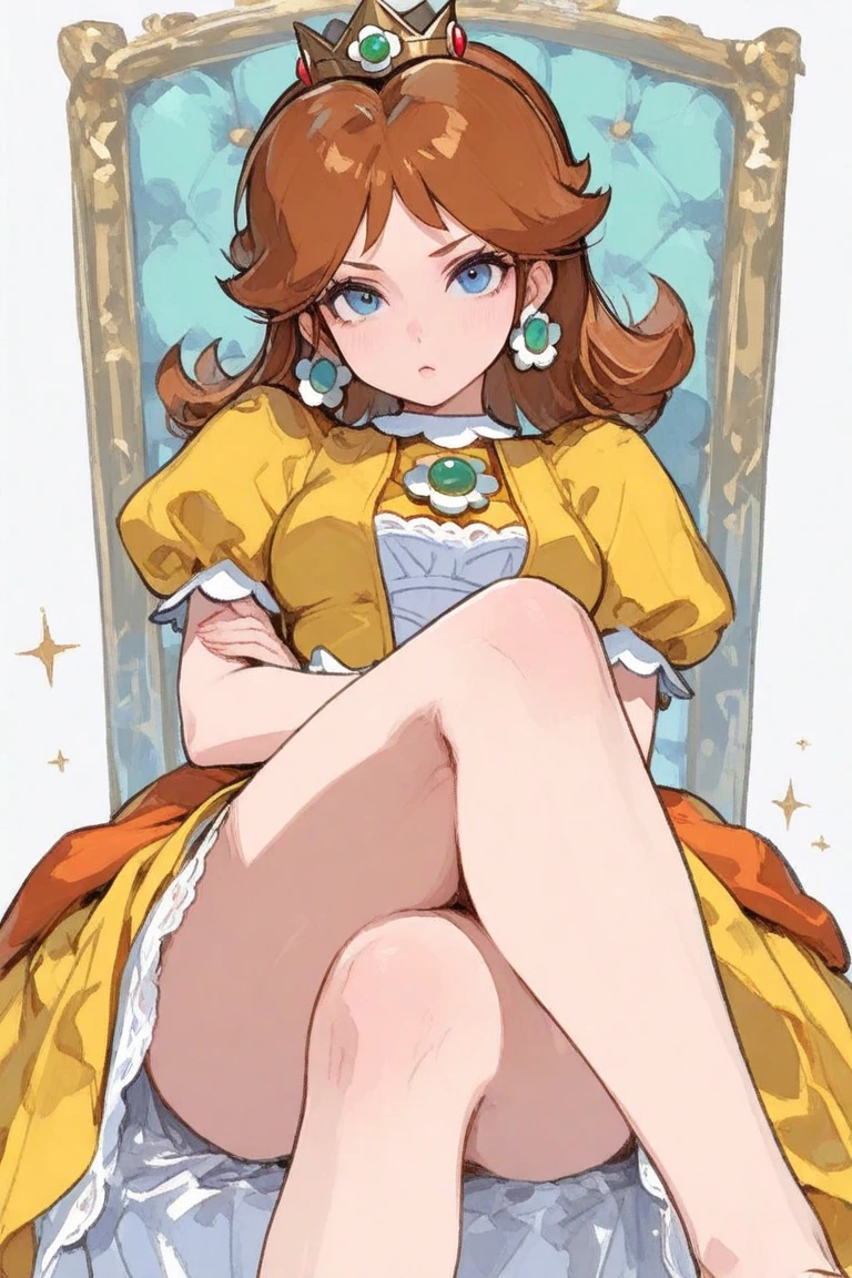 Princess Daisy, super mario Daisy, yellow clothes, brown hair, open legs, thong, cameltoe, sweat, exposed belly