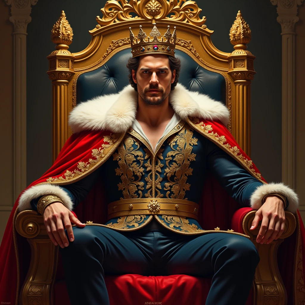 create an image of a man sitting on his throne. Throne of a king and dressed in royal clothes on his head a crown and person prostrate at his feet
