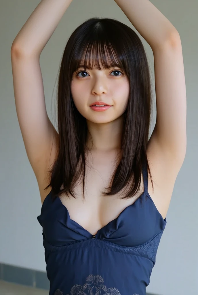(in 8K、Raw photography、beste Quality、masterspiece:1.2)、(Realstic、photorealestic:1.37)、Ultra detailded、ultra-highres、1 junior high school girl、see the beholder、Beautiful detailed face、smile on face、Constriction、(Slim waist) :1.3)、Camisole、Beautiful detailed skin、Skin texture、Floating hair、Professional lighting、13yo、armpit、Medium Hair、Small breasts
