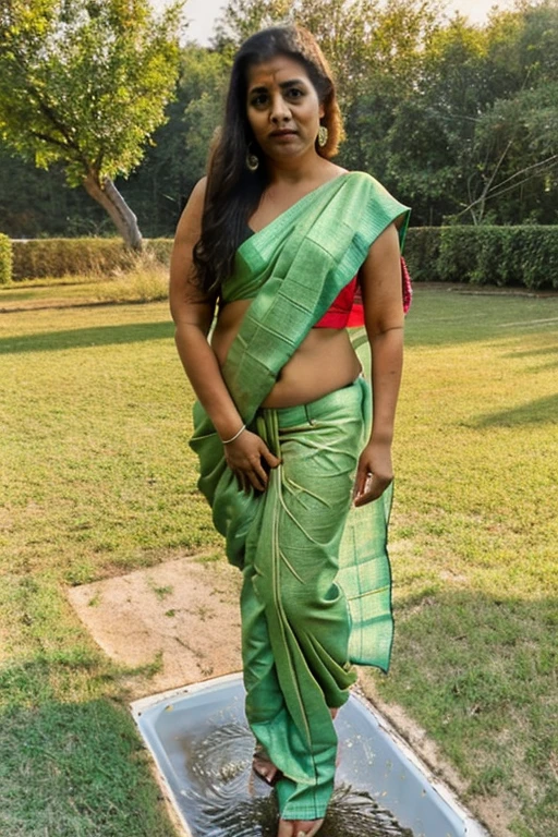 An Indian girl who has set up a vegetable shop is wearing a saree and her breasts are visible outside the saree.