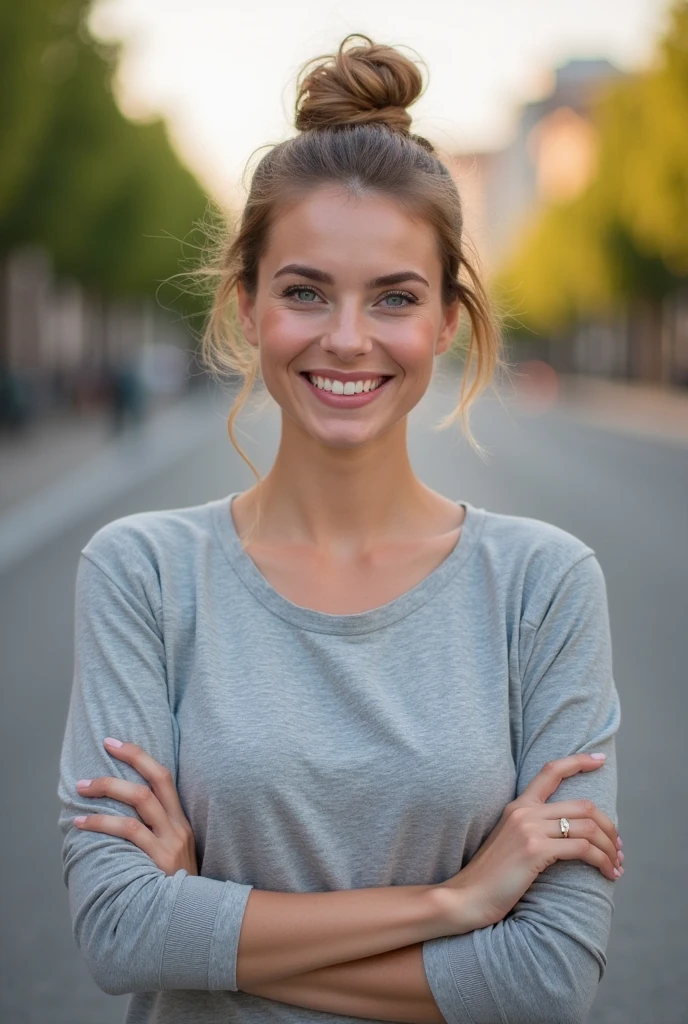 a 25 year old European woman in a white t-shirt in a city with the background +/- out of focus and the young woman looking straight at the camera smiling. full body photo