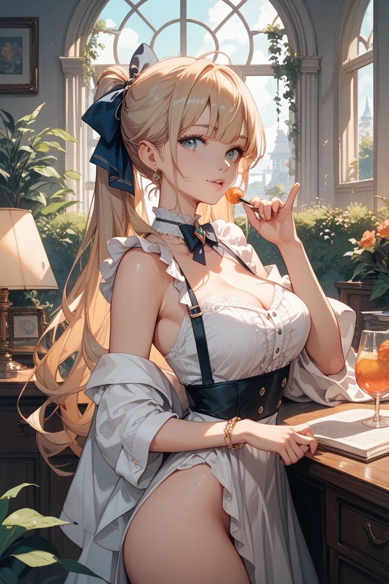 (best quality, masterpiece), (ultra high resolution, 8K RAW photo, photo realistics:1.5, textile shading, thin outline, clear focus:1.2), Beautuful Matured woman preparing tea_party in the garden, standing by the round table, (meisen's tea set, tea pot, tea cups, some cakes on dish), delicate and classy Baroque style white table with gold accents and royal_blue, wearing light_brown maid uniform, breast cleavage, maid costume:1.2, long flare skirts, apron, bow ties on the chest, long tall sally, long legs, white hair, (wearing thin-flame glasses:1.2), (milf:1.5, 28 years old, solo), (large breast, sagging breast, big tits, narrow waist), (medium short white hair, hair over one eye, (updo hair:1.2), side lock, asymmetric hair, wavy hair), (bright pupils, detailed eyes, high detailed face, Perfect face shape, eye rush), (seductitve smiling, half-closing eyes:1.2), (looking at viewers:1.3), (dynamic angle, full body, from below:1.2), ((correct anatomy:1.5, correct hands)), (ideal ratio of body proportions), (outdoor:1.2, grass field),