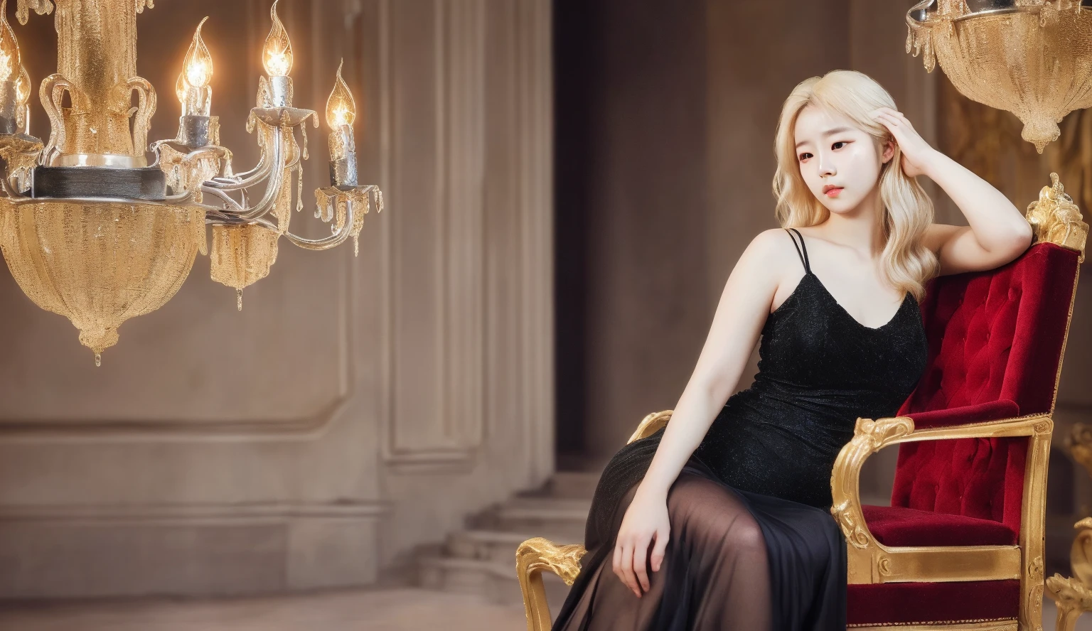1girl, black dress, holding wineglass, sitting on a throne, throneroom, blonde hair, long hair, dusk, midnight, moonlight reflection, from below, air of superiority