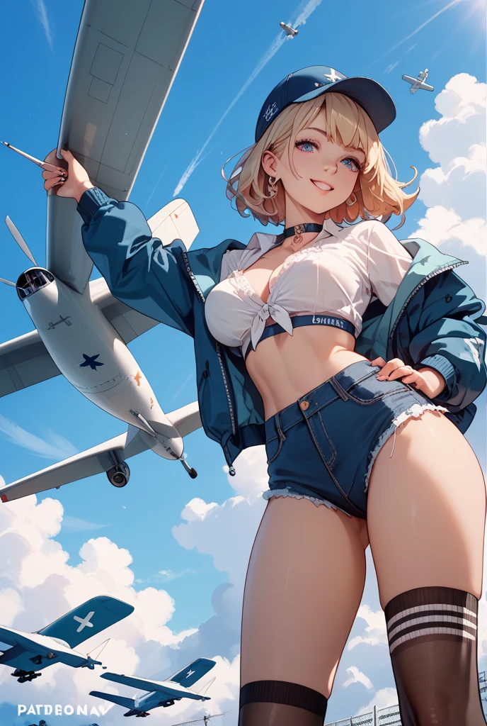 {(masterpiece,best quality, 8K UHD, extremely detailed CG, detailed beautiful face and eyes and skin and hair)}, {(ultra realistic photo style:1.4)}, {(Free fall from Altitude 10000m:1.4), (out of focus background:1.4)}, {1woman, medium hair, Ponytail hair with braids, small breasts, forehead}, {(strike_witches:1.4), (white lace_panties:1.1), (military_shoes:1.1)}, {(spread legs), (throw one's legs out)}, {(cheerful:1.4), (candid shot), (hair stands on end in the wind)}