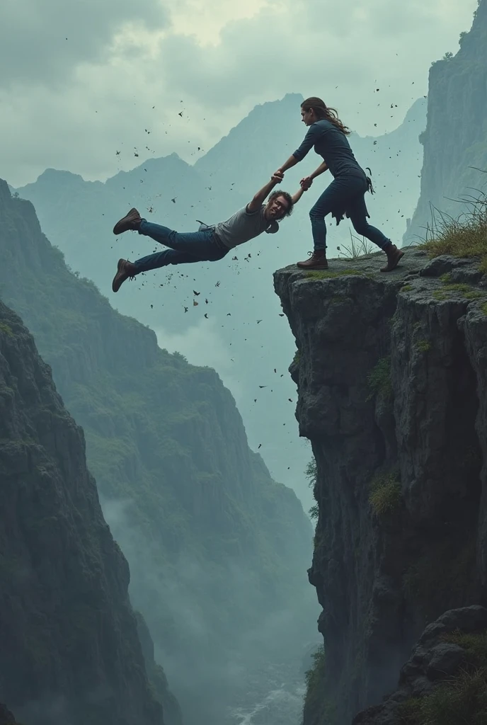 A muscular ,handsome, young man reaching down his hand from a high rock trying to catch the out of shape fat man that falling show this picture as a dramatic picture like the mans trying to save the fat man from falling