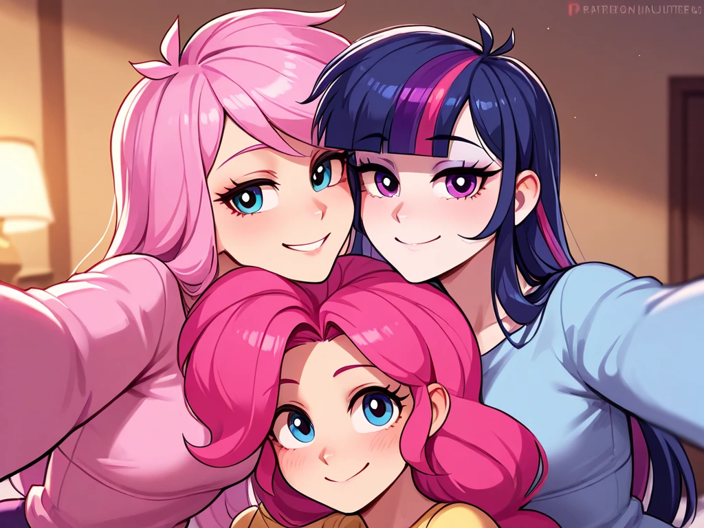 explicit, score_9, equestria_girls, cartoon, sunset_shimmer, starlight_glimmer, duo male, two girls and male pov, female, male, male pov, uncut flaccid penis, offscreen character, pov, View of the uncut flaccid penis in the pants and the girls located between the MC's crotch.
