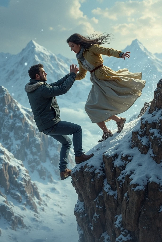 I want an drawing image of two hands girl hand top of mountain and boy hand hold in her hand, girls try to help her lover from death