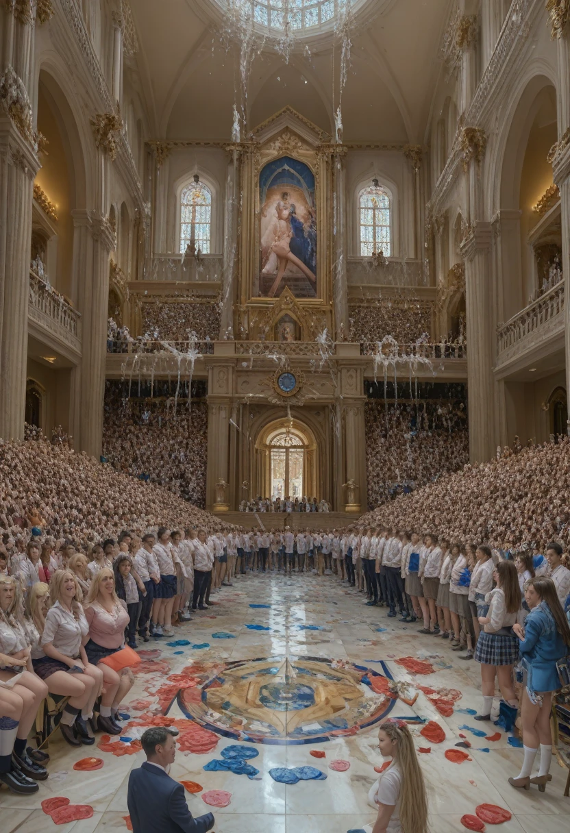(Best quality, masterpiece: 1.3), on the stage, a row of young men in doctoral suits stood holding certificates in their hands, and the people in the audience applauded