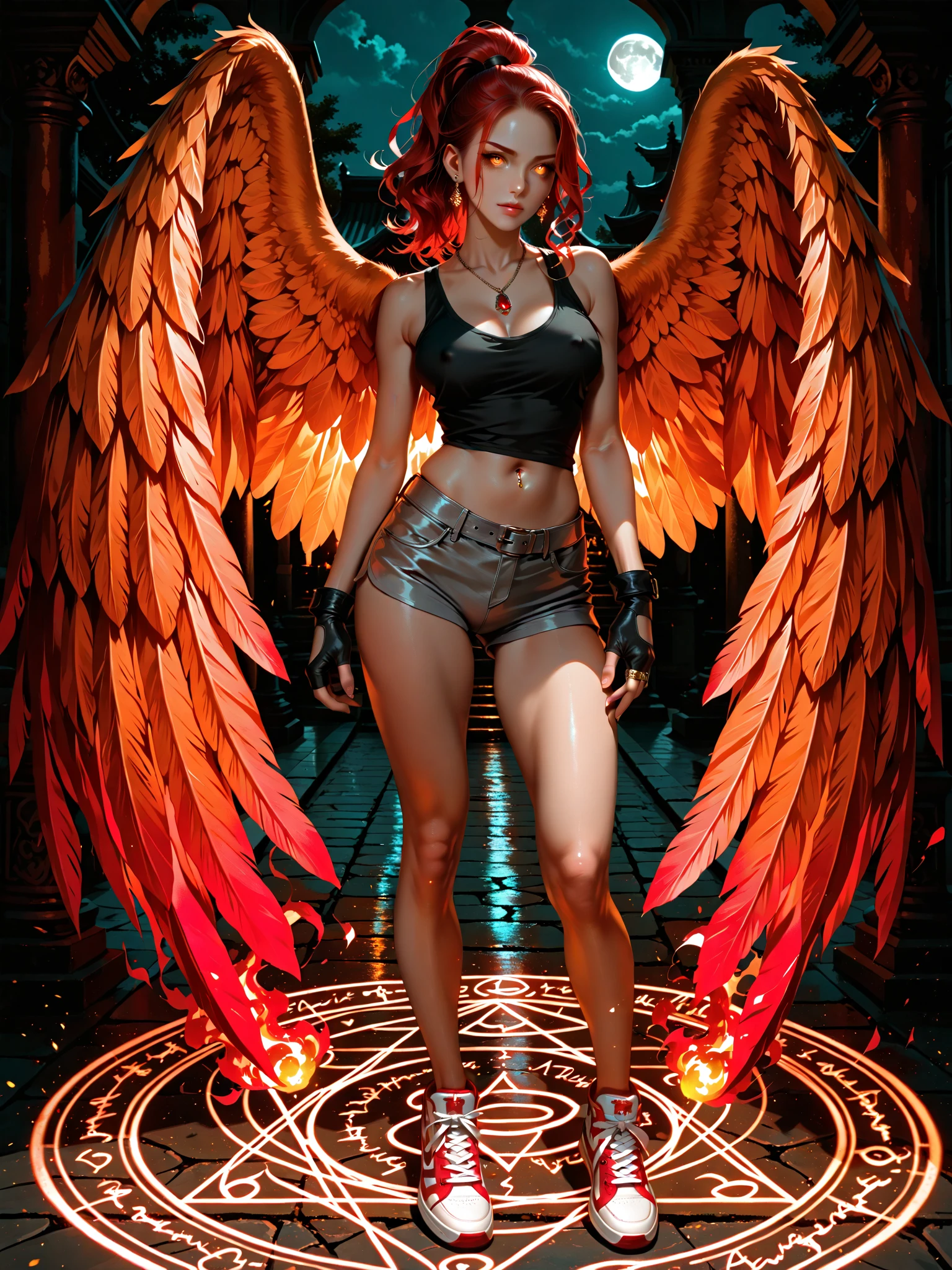 Renzi, Woman,
(close-up upper body:1.3), over shoulder, detailed eyes, detailed face, detailed upper body,
"Eternal Temptation": Against a backdrop of swirling flames, our alluring fallen angel stands tall, her attire a symphony of red and black. A corset, adorned with intricate patterns and blood-red gemstones, cinches her waist, accentuating her seductive silhouette. Her billowing skirt, crafted from layers of diaphanous fabric, dances with the flickering firelight, revealing glimpses of her mesmerizing legs. With a gaze that promises both pleasure and peril, she lures mortals into a world of irresistible temptation.