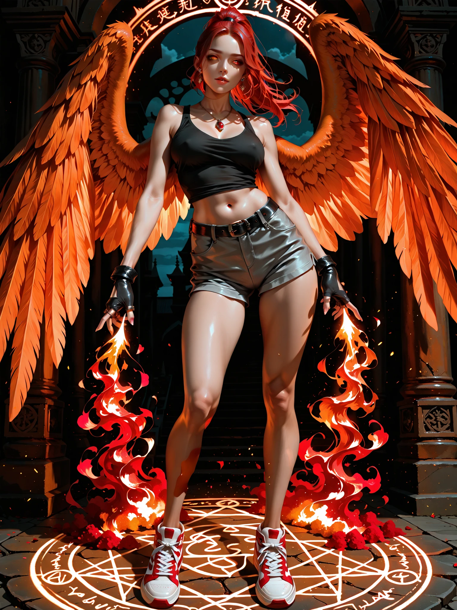 red evil fallen angel sexy with huge firewings in apocaliptic city in flames --auto --s2