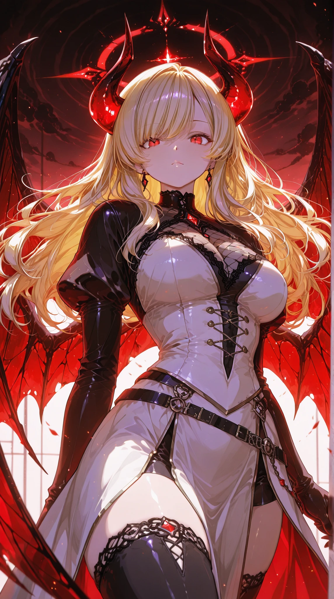 An adult woman with long blonde hair and red eyes. She would have dragon features: wings and sharp pupils like a dragon.
She would also wear dark souls-style body armor.
Artwork based on dark souls, gothic style.
