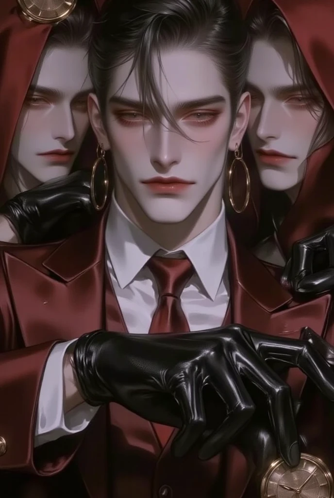 A male with medium-length black hair (tied into a ponytail), blood-red eyes, slightly pale skin, a slender figure, an evil expression (the corners of his mouth are raised),Prisoners (in prison uniforms), detailed scenes (in cells, chained)