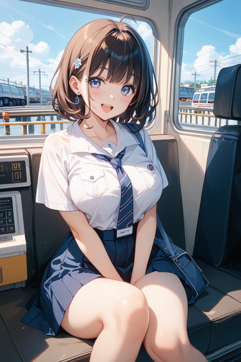 1 woman, thighs, sitting on train, school uniform, realistic, raw photo, white shirt, pleated skirt, black short socks, roafer, medium hair, bangs, looking at viewer, best quality, large breast, (squeezing breast),